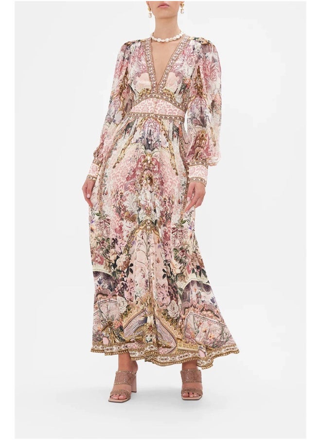 Vintage Floral V-Neck Maxi Dress with Flowy Skirt