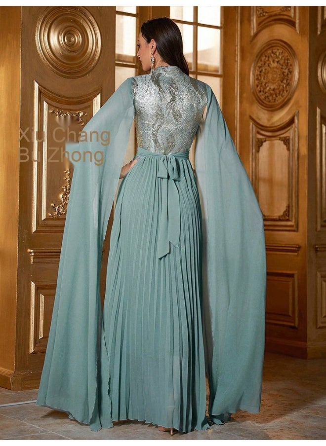 Green Cloak Sleeve Embroidered Dress