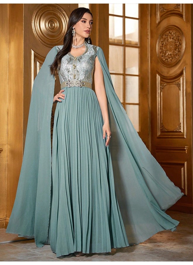 Green Cloak Sleeve Embroidered Dress