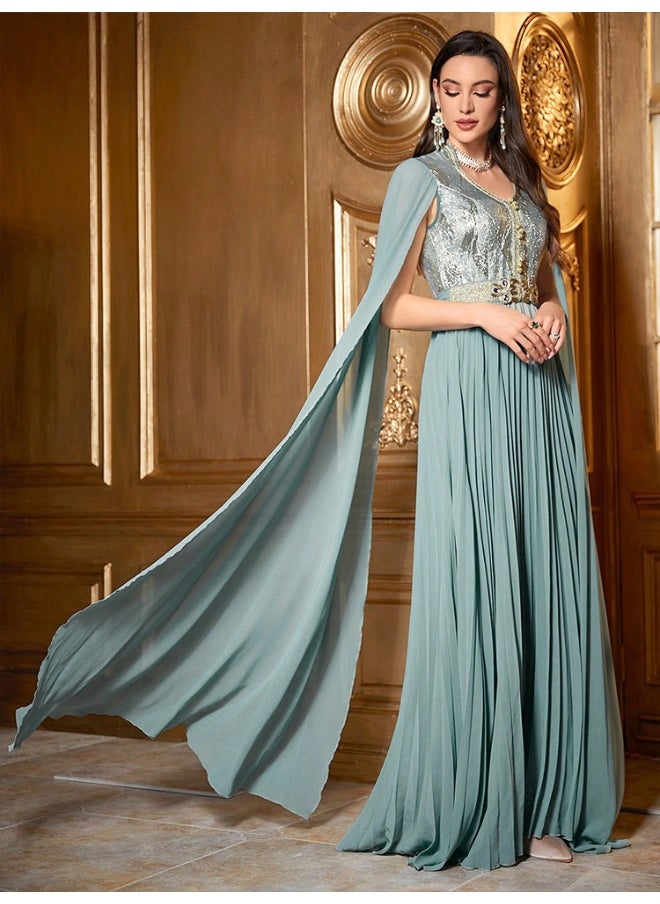 Green Cloak Sleeve Embroidered Dress