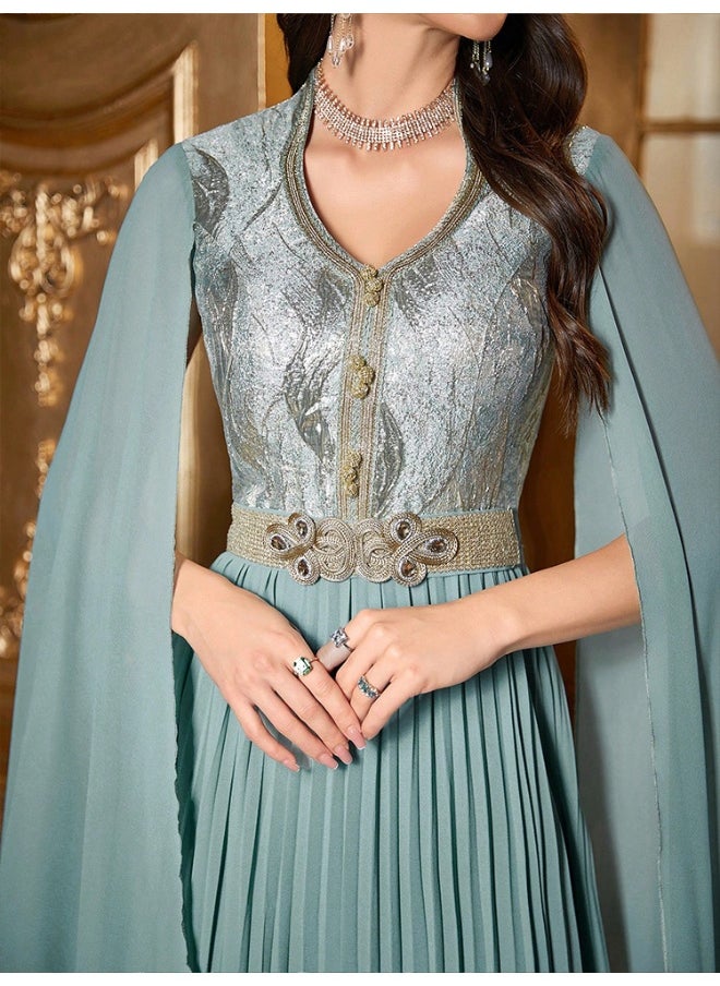 Green Cloak Sleeve Embroidered Dress