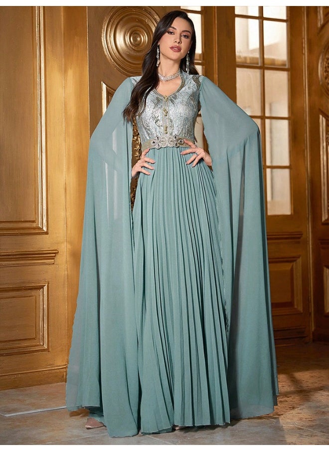 Green Cloak Sleeve Embroidered Dress