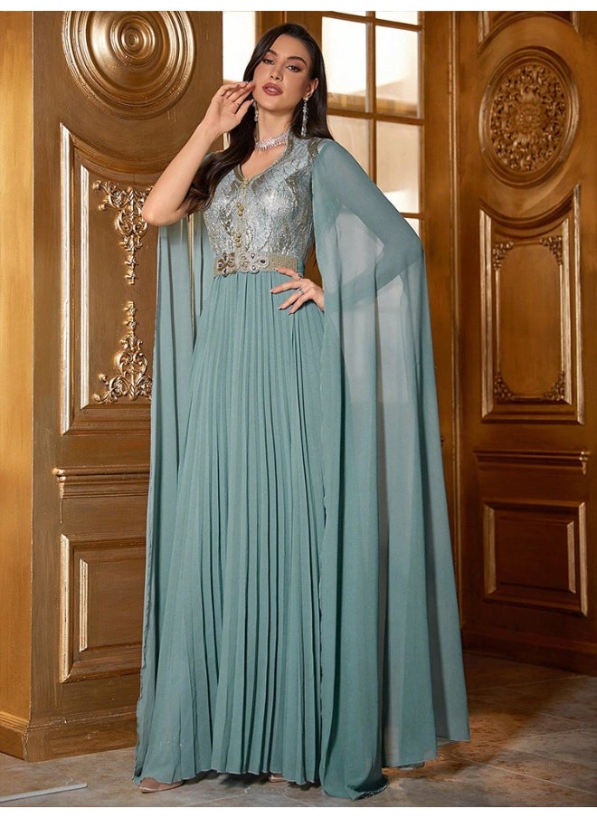 Green Cloak Sleeve Embroidered Dress