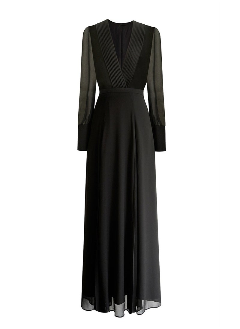Elegant Black Silk Maxi Dress with Deep V-Neck and Flowing Silhouette