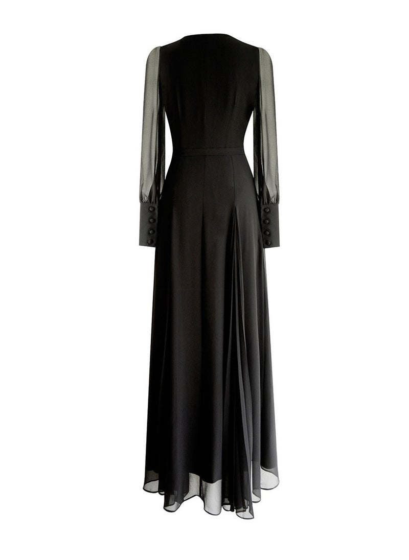 Elegant Black Silk Maxi Dress with Deep V-Neck and Flowing Silhouette