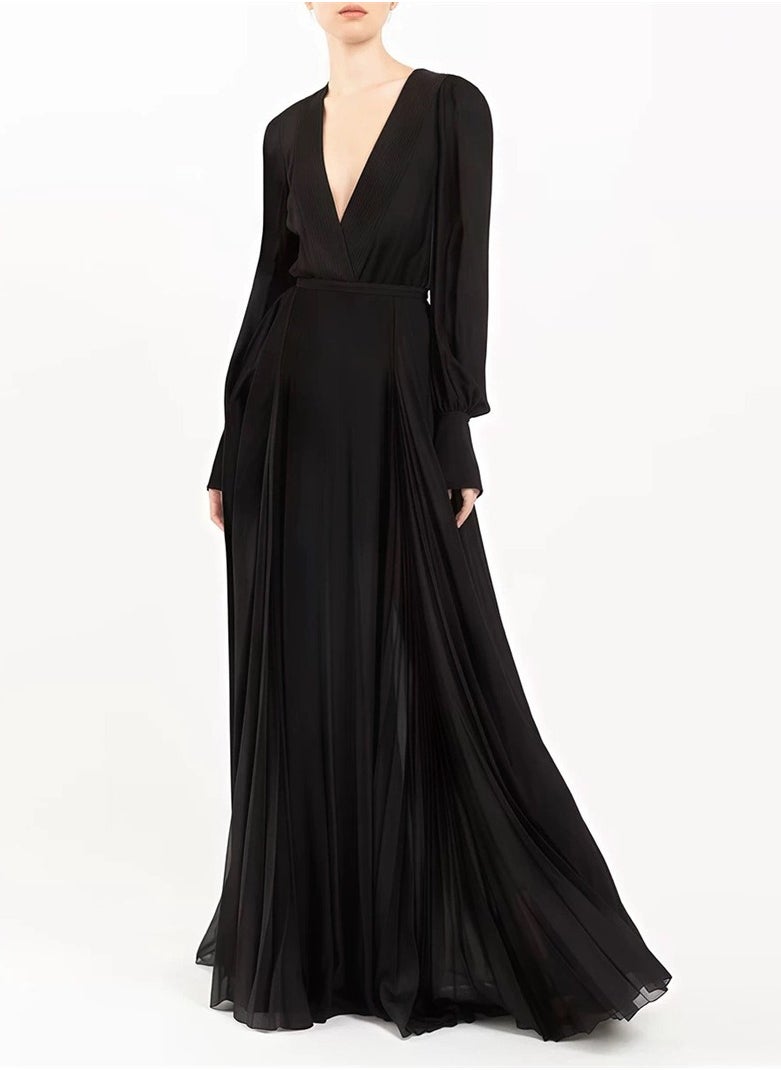 Elegant Black Silk Maxi Dress with Deep V-Neck and Flowing Silhouette
