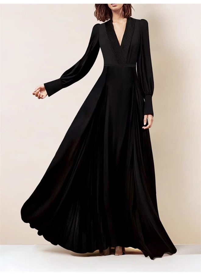 Elegant Black Silk Maxi Dress with Deep V-Neck and Flowing Silhouette