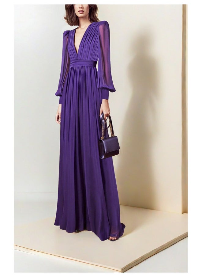Purple Fashion Deep V-Neck Silk Maxi Dress with Flowing A-Line Skirt