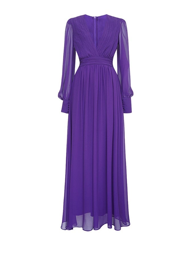 Purple Fashion Deep V-Neck Silk Maxi Dress with Flowing A-Line Skirt