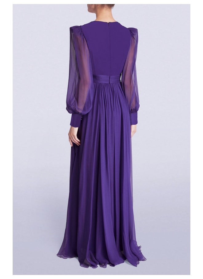 Purple Fashion Deep V-Neck Silk Maxi Dress with Flowing A-Line Skirt