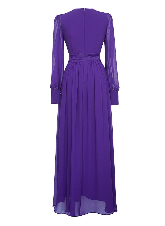 Purple Fashion Deep V-Neck Silk Maxi Dress with Flowing A-Line Skirt
