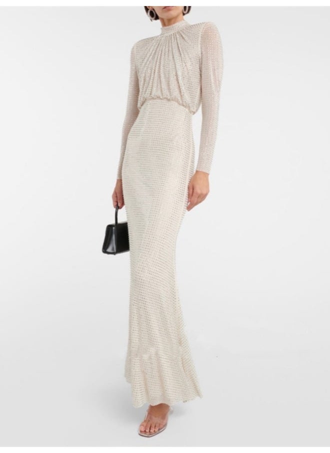 White Fashion Rhinestone Bustier Fishtail Maxi Dress
