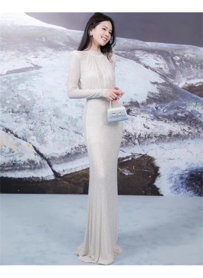 White Fashion Rhinestone Bustier Fishtail Maxi Dress