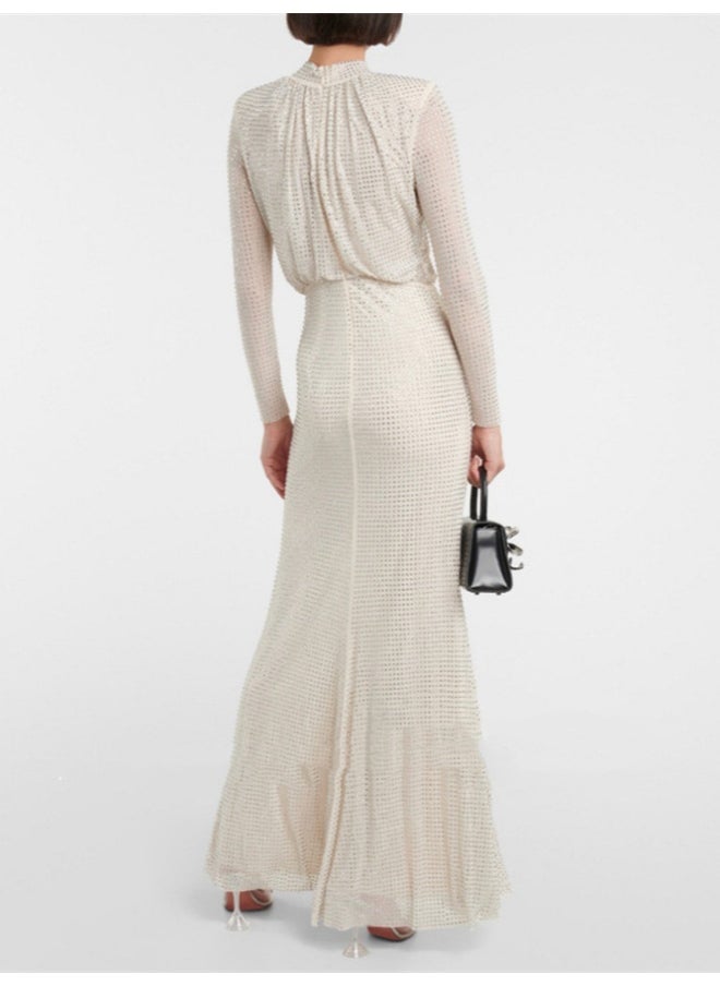 White Fashion Rhinestone Bustier Fishtail Maxi Dress