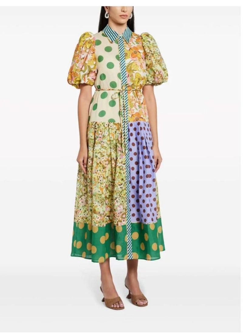 Personalized Floral Patchwork Button-Up Puff Sleeve Maxi Dress