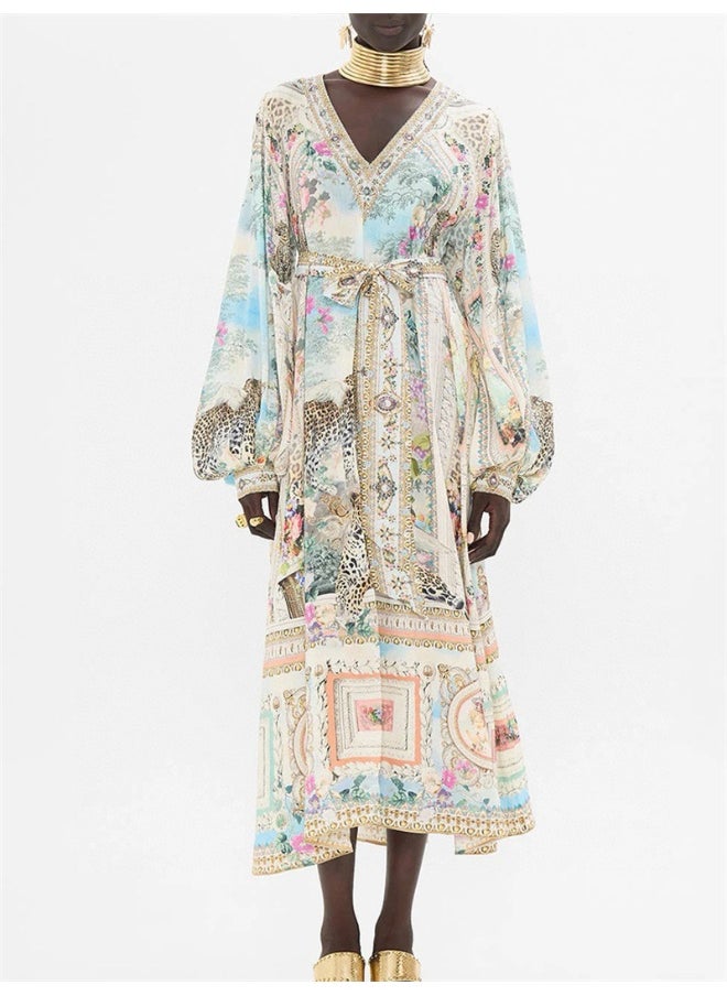 Vintage Palace Print Silk Loose Flowy Resort Cover-Up Maxi Dress