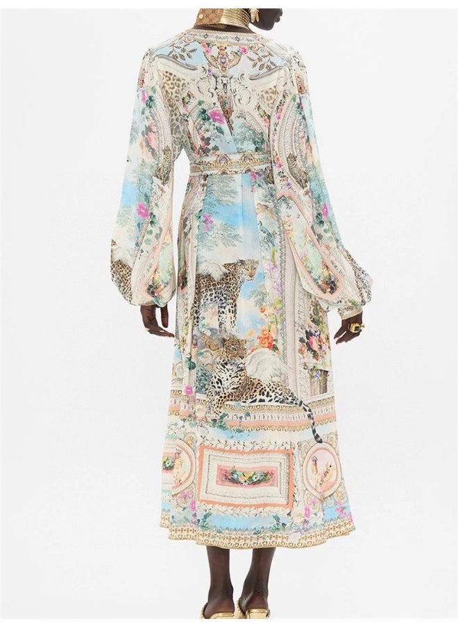 Vintage Palace Print Silk Loose Flowy Resort Cover-Up Maxi Dress