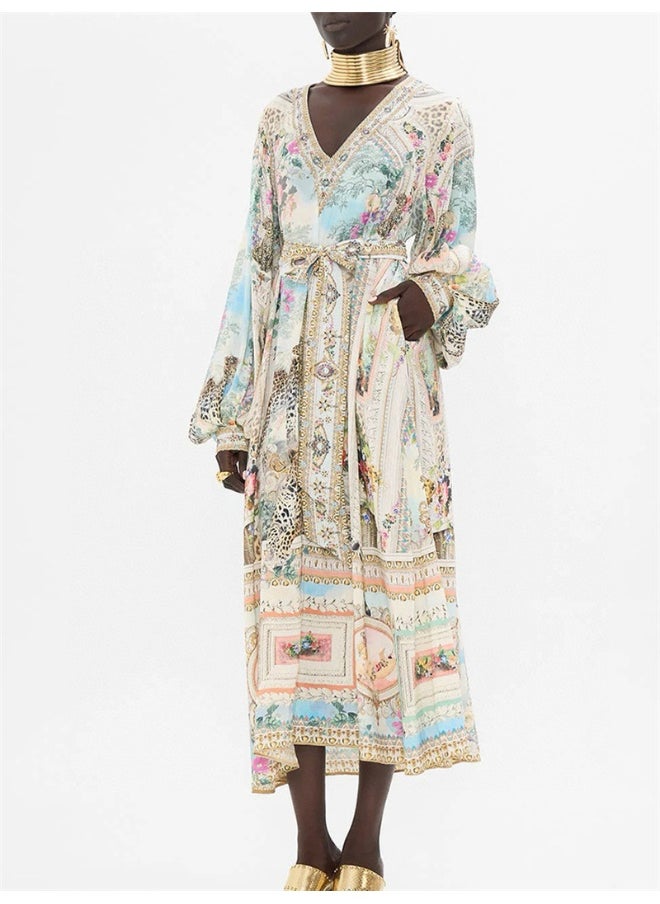 Vintage Palace Print Silk Loose Flowy Resort Cover-Up Maxi Dress