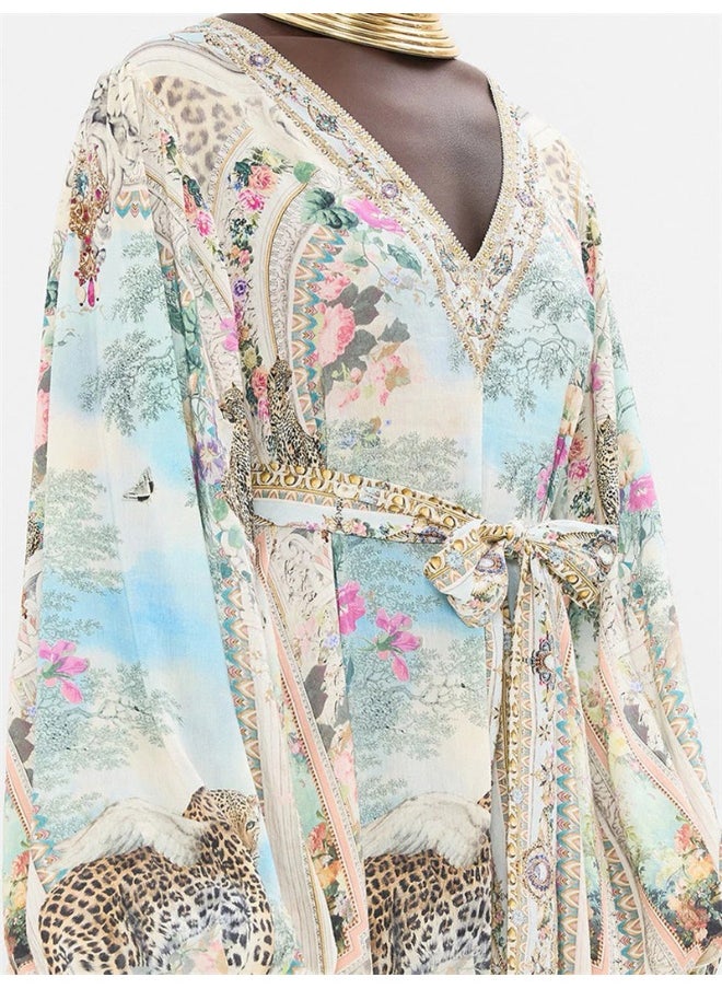 Vintage Palace Print Silk Loose Flowy Resort Cover-Up Maxi Dress