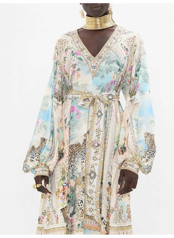 Vintage Palace Print Silk Loose Flowy Resort Cover-Up Maxi Dress