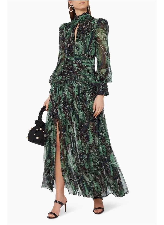 Elegant Green Silk Floral High-Slit Maxi Dress for Beach Vacation