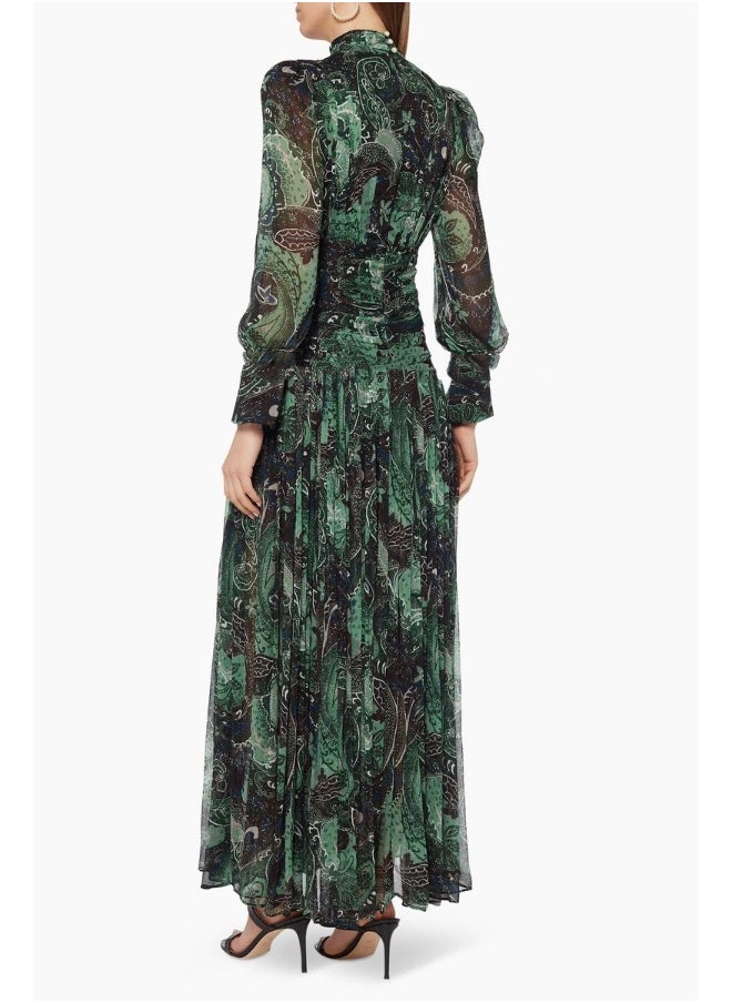 Elegant Green Silk Floral High-Slit Maxi Dress for Beach Vacation