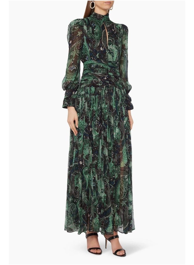 Elegant Green Silk Floral High-Slit Maxi Dress for Beach Vacation
