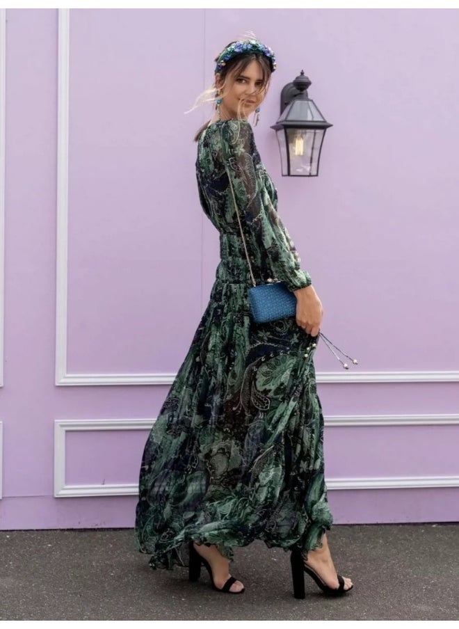 Elegant Green Silk Floral High-Slit Maxi Dress for Beach Vacation