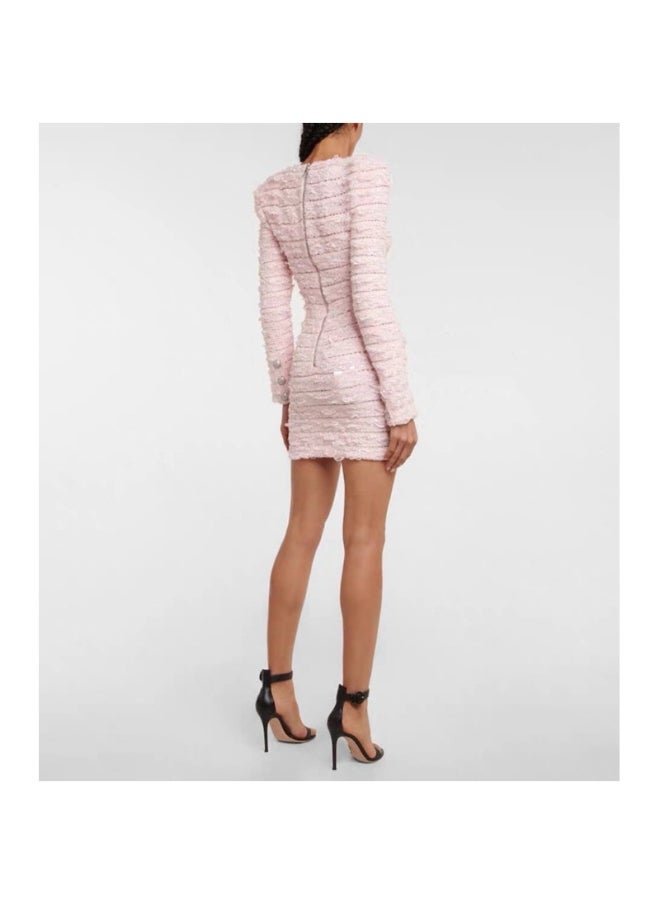 Pink Fashion Hollow Stripe Embossed Textured Bodycon Mini Dress with Metal Buckle