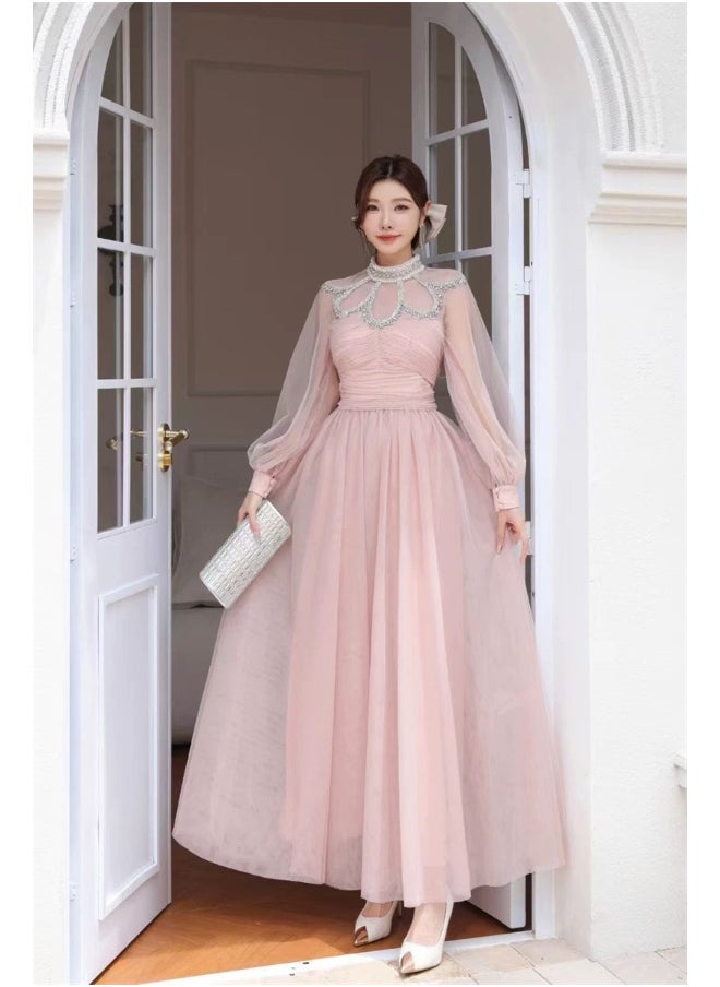 Pink Embellished Tulle Maxi Dress with Dramatic Flair