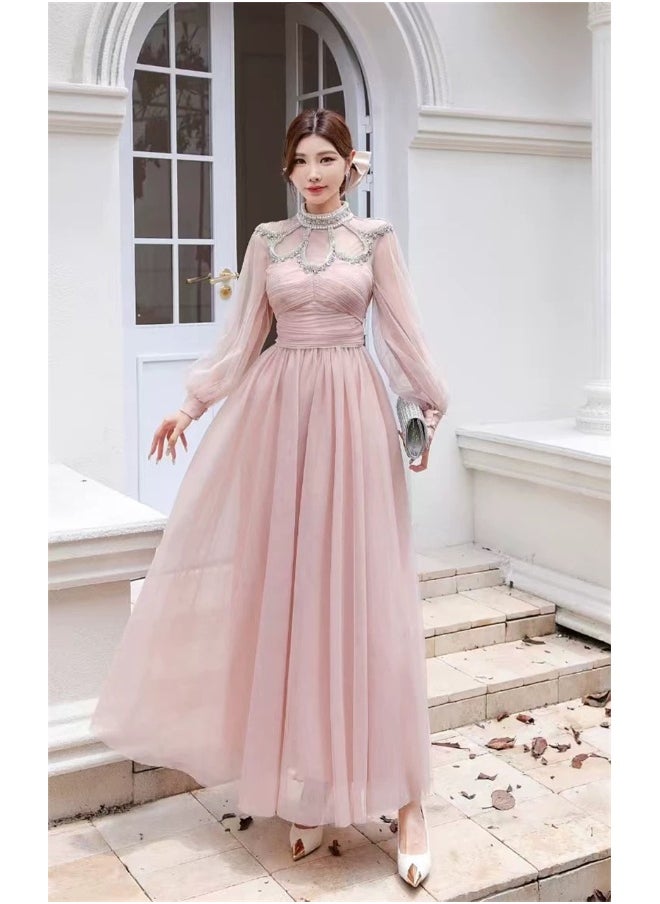 Pink Embellished Tulle Maxi Dress with Dramatic Flair