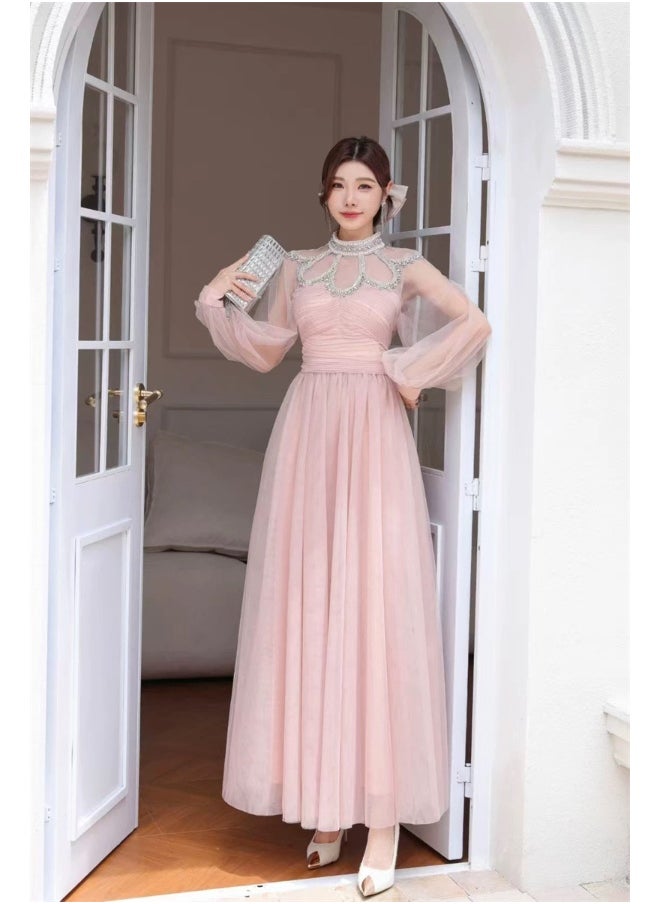 Pink Embellished Tulle Maxi Dress with Dramatic Flair