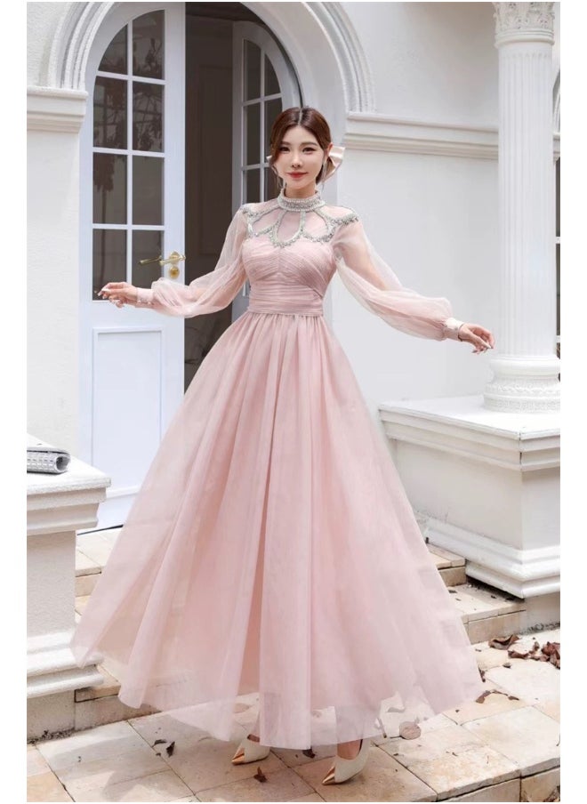 Pink Embellished Tulle Maxi Dress with Dramatic Flair