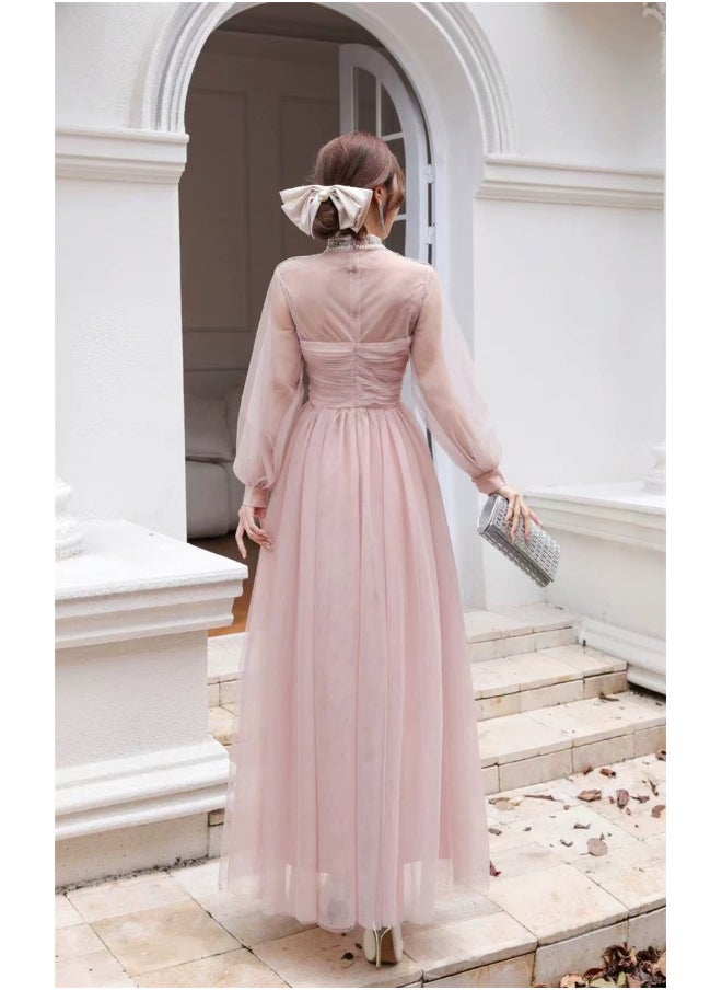 Pink Embellished Tulle Maxi Dress with Dramatic Flair