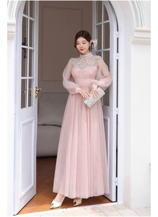 Pink Embellished Tulle Maxi Dress with Dramatic Flair