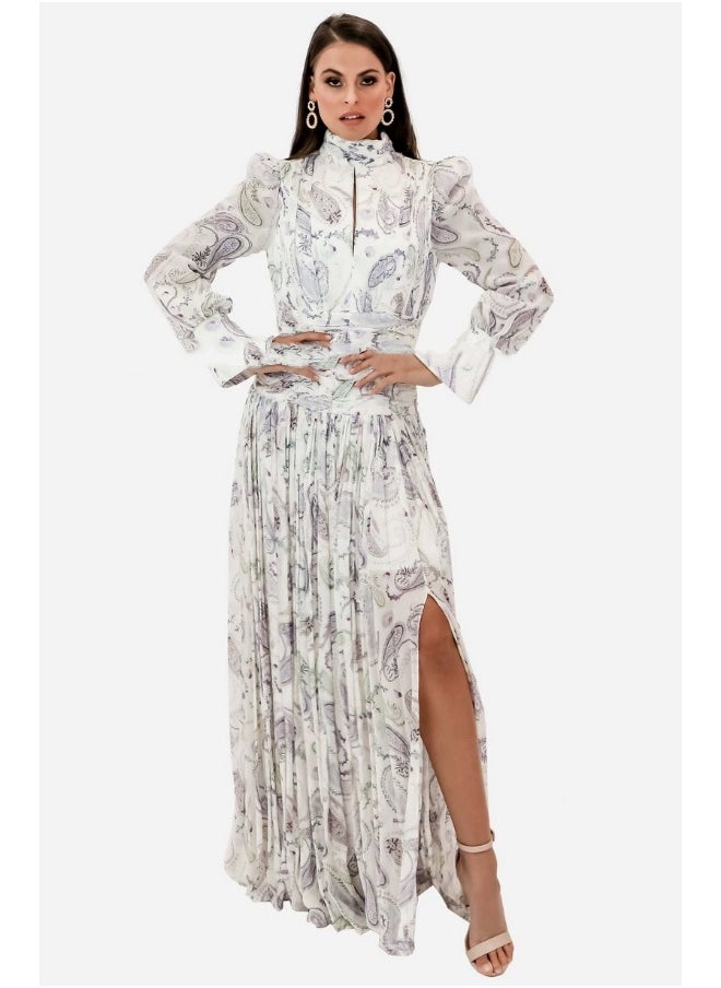 White Fashionable Silk Floral High-Slit Maxi Dress for Beach Vacation