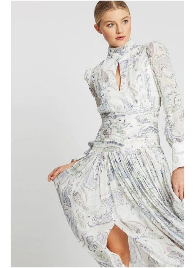 White Fashionable Silk Floral High-Slit Maxi Dress for Beach Vacation