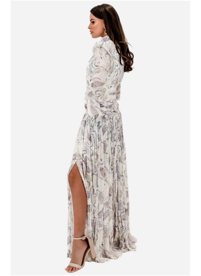 White Fashionable Silk Floral High-Slit Maxi Dress for Beach Vacation