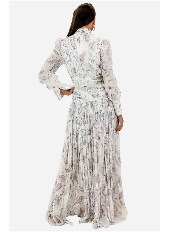 White Fashionable Silk Floral High-Slit Maxi Dress for Beach Vacation