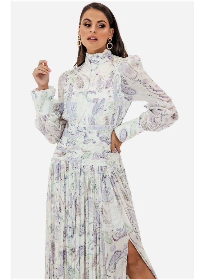 White Fashionable Silk Floral High-Slit Maxi Dress for Beach Vacation