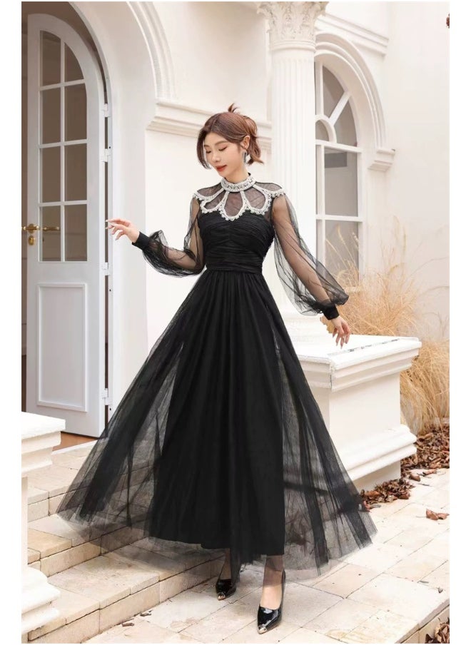 Black Heavy Embellished Tulle Fairy Style Flowy Maxi Dress