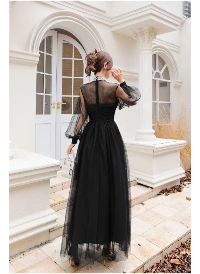 Black Heavy Embellished Tulle Fairy Style Flowy Maxi Dress