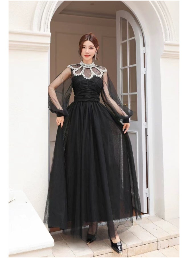 Black Heavy Embellished Tulle Fairy Style Flowy Maxi Dress