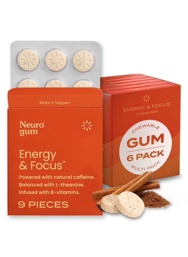 Energy Caffeine Gum (54 Pieces) - Sugar Free with L-theanine + Natural Caffeine + Vitamin B12 & B6 - Nootropic Energy & Focus Supplement for Women & Men - Keto & Vegan, Cinnamon Flavor