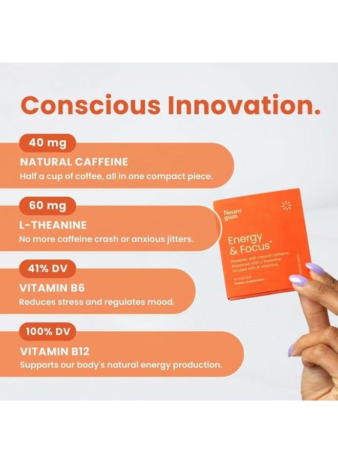 Energy Caffeine Gum (54 Pieces) - Sugar Free with L-theanine + Natural Caffeine + Vitamin B12 & B6 - Nootropic Energy & Focus Supplement for Women & Men - Keto & Vegan, Cinnamon Flavor