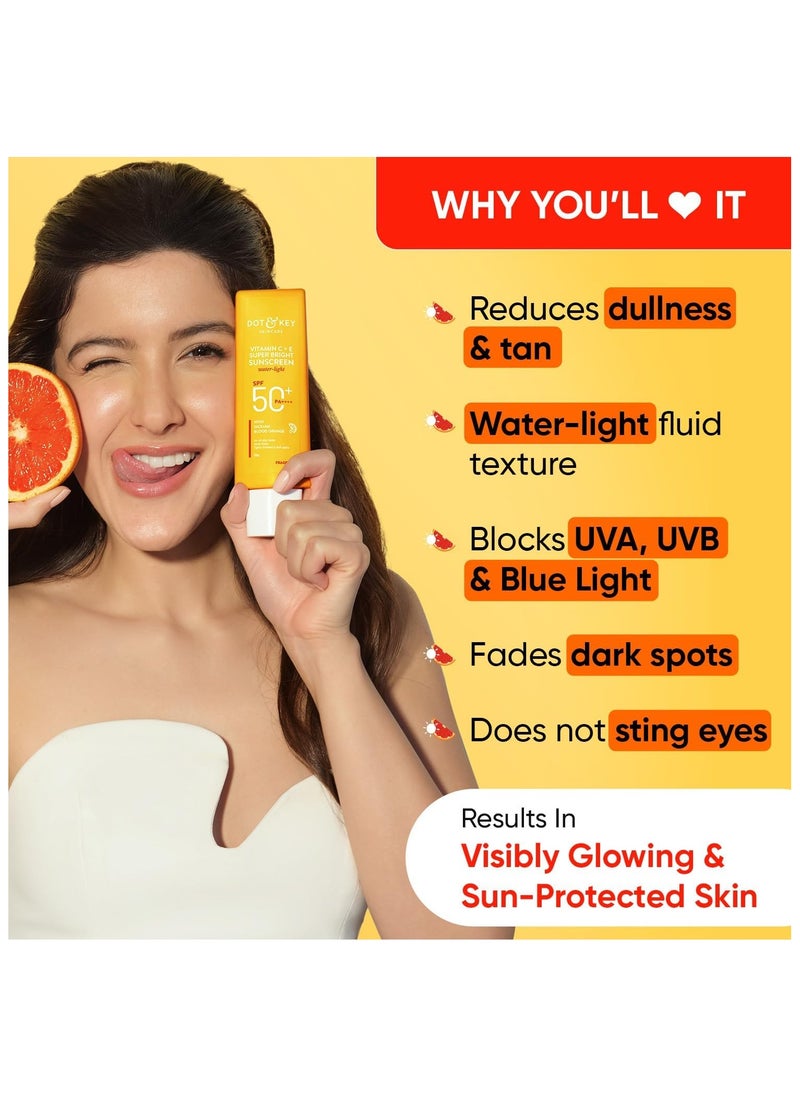 Dot & Key Sunscreen SPF 50 PA+++ with Vitamin C + E for Even Toned & Glowing Skin No White Cast WaterLight I UVA/B & Blue Light Protection I Better Vitamin D absorption I for Women & Men 50gm