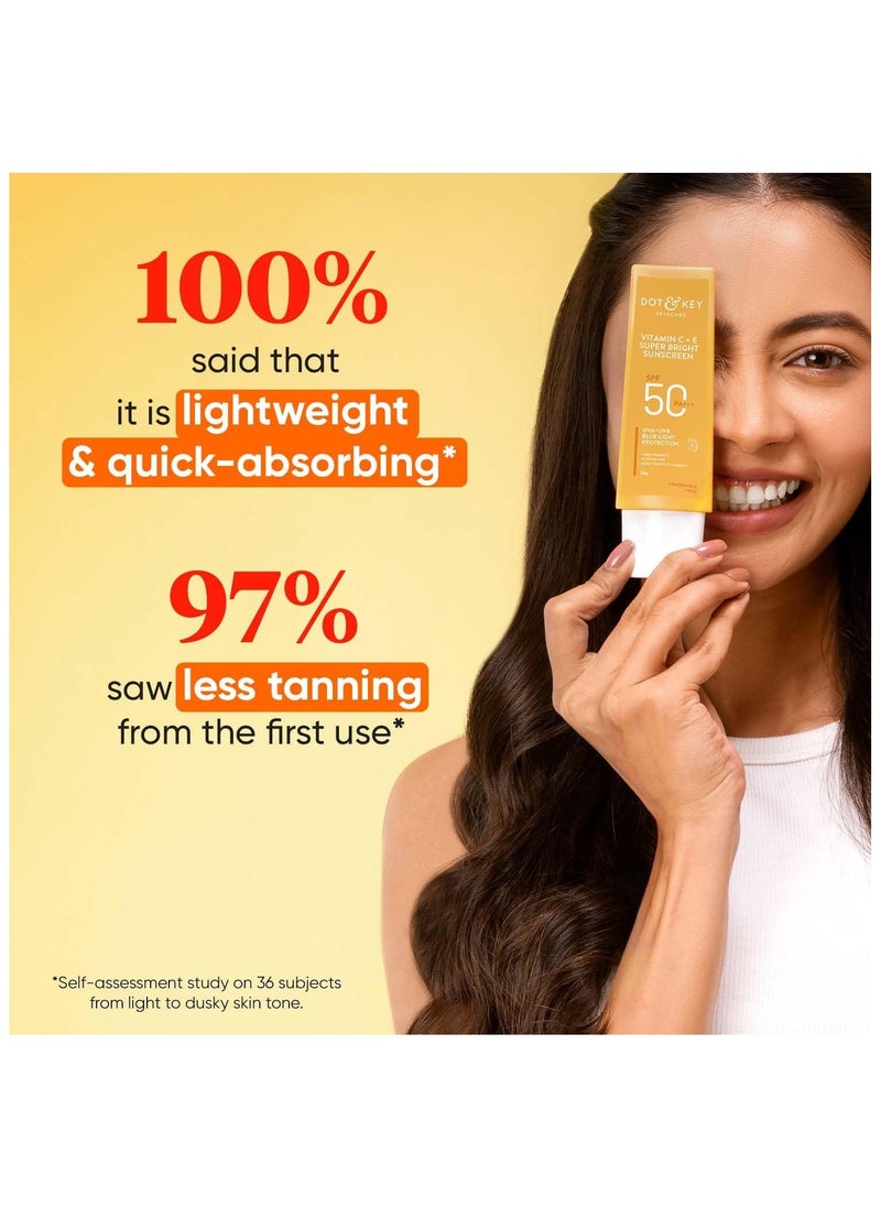 Dot & Key Sunscreen SPF 50 PA+++ with Vitamin C + E for Even Toned & Glowing Skin No White Cast WaterLight I UVA/B & Blue Light Protection I Better Vitamin D absorption I for Women & Men 50gm