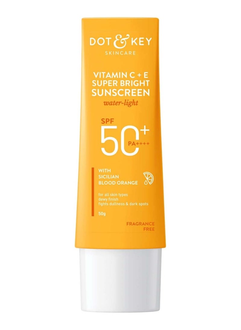 Dot & Key Sunscreen SPF 50 PA+++ with Vitamin C + E for Even Toned & Glowing Skin No White Cast WaterLight I UVA/B & Blue Light Protection I Better Vitamin D absorption I for Women & Men 50gm