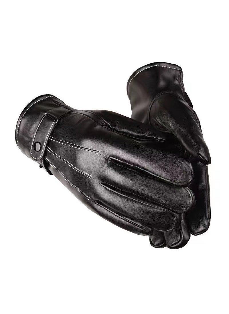 Winter mens thick PU leather gloves fashion classic mens three-band leather gloves black thick gloves Three-wire leather gloves