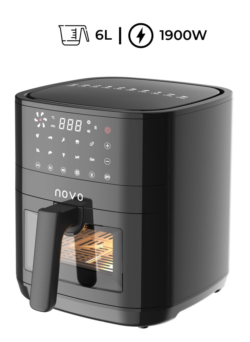NOVO Air Fryer, 6 Liter, 1900Watts, Extra Large Basket, Bake, Reheat, with 10 Presets, Clear Window & Internal Light, AF6243, 1 Year Warranty